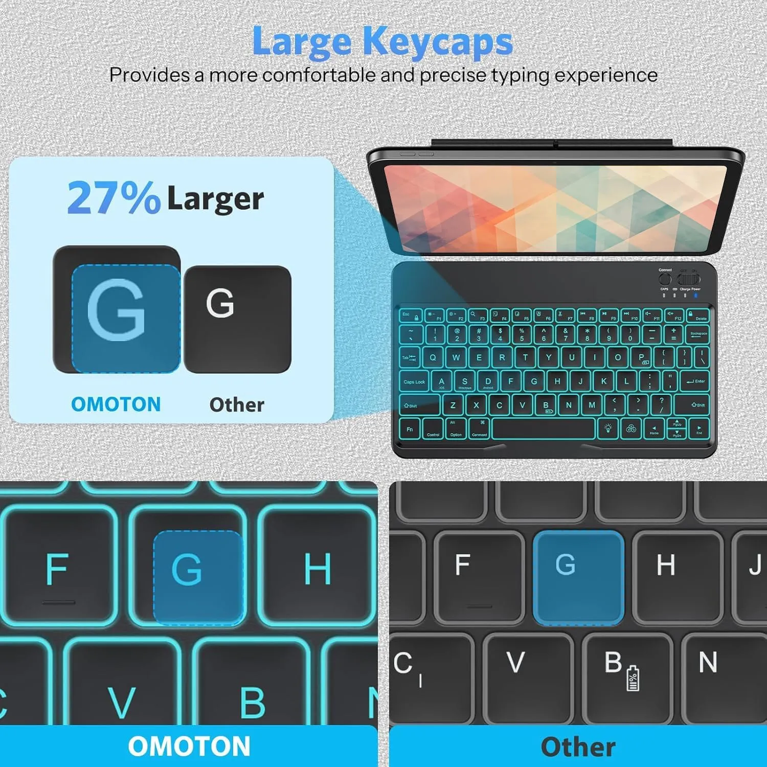 OMOTON Bluetooth Keyboard for Tablet/Android/Windows/iOS, with 7 Colors Backlight Rechargeable Wireless Keyboard Compatible with Galaxy Tab A9+/A9+ Plus/S9/S9 Plus/S9 FE, Black - Image 3