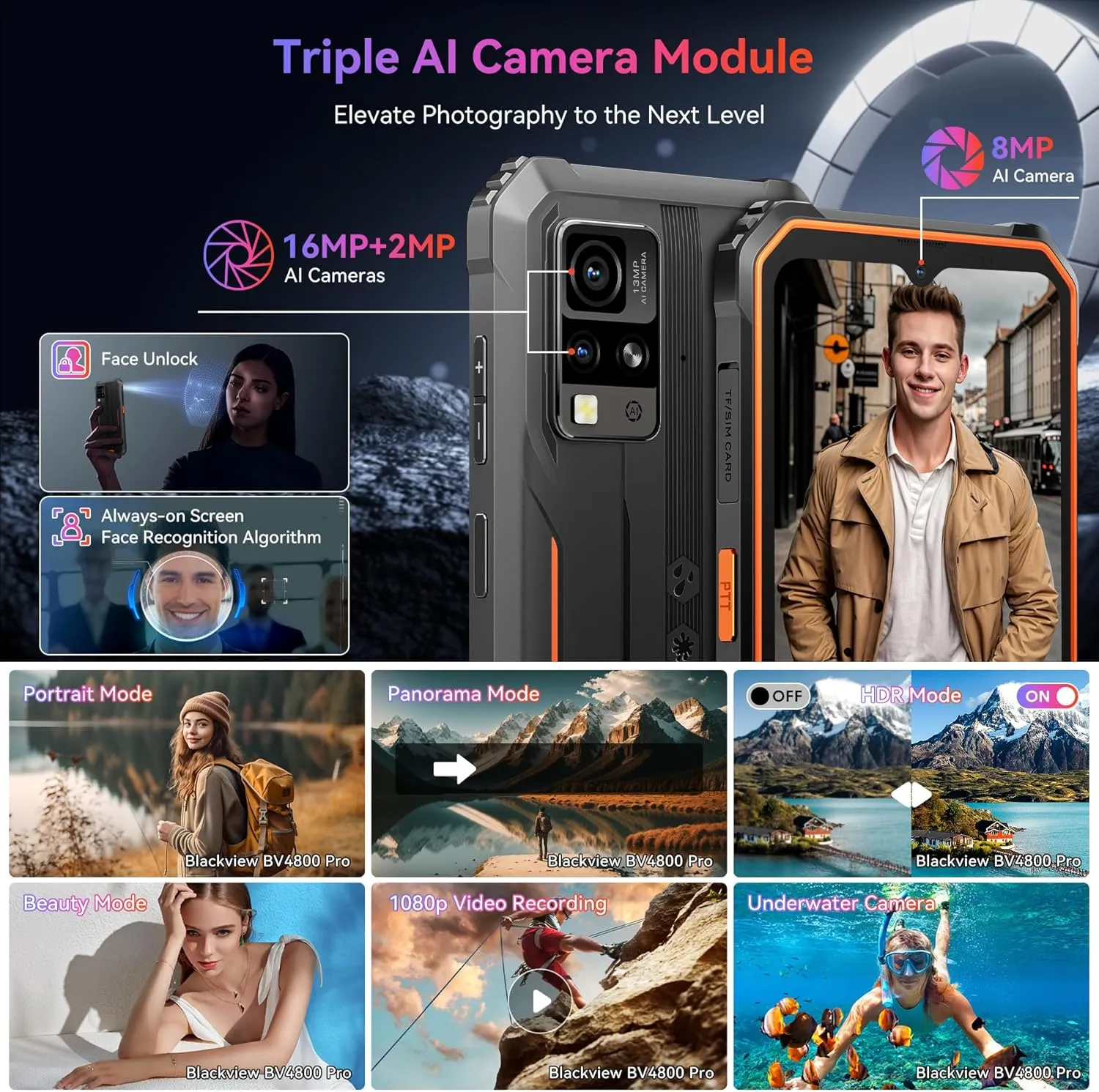 Blackview BV4800 Pro Rugged Phone,Android 14 Phone 8GB+128GB 2TB Expand, 6.56" 5180mAh Smartphone, 4G T-Mobile Dual SIM Rugged Smartphone Unlocked, Cellphone IP69K Waterproof, 3 Card Slots/Face ID - Image 6