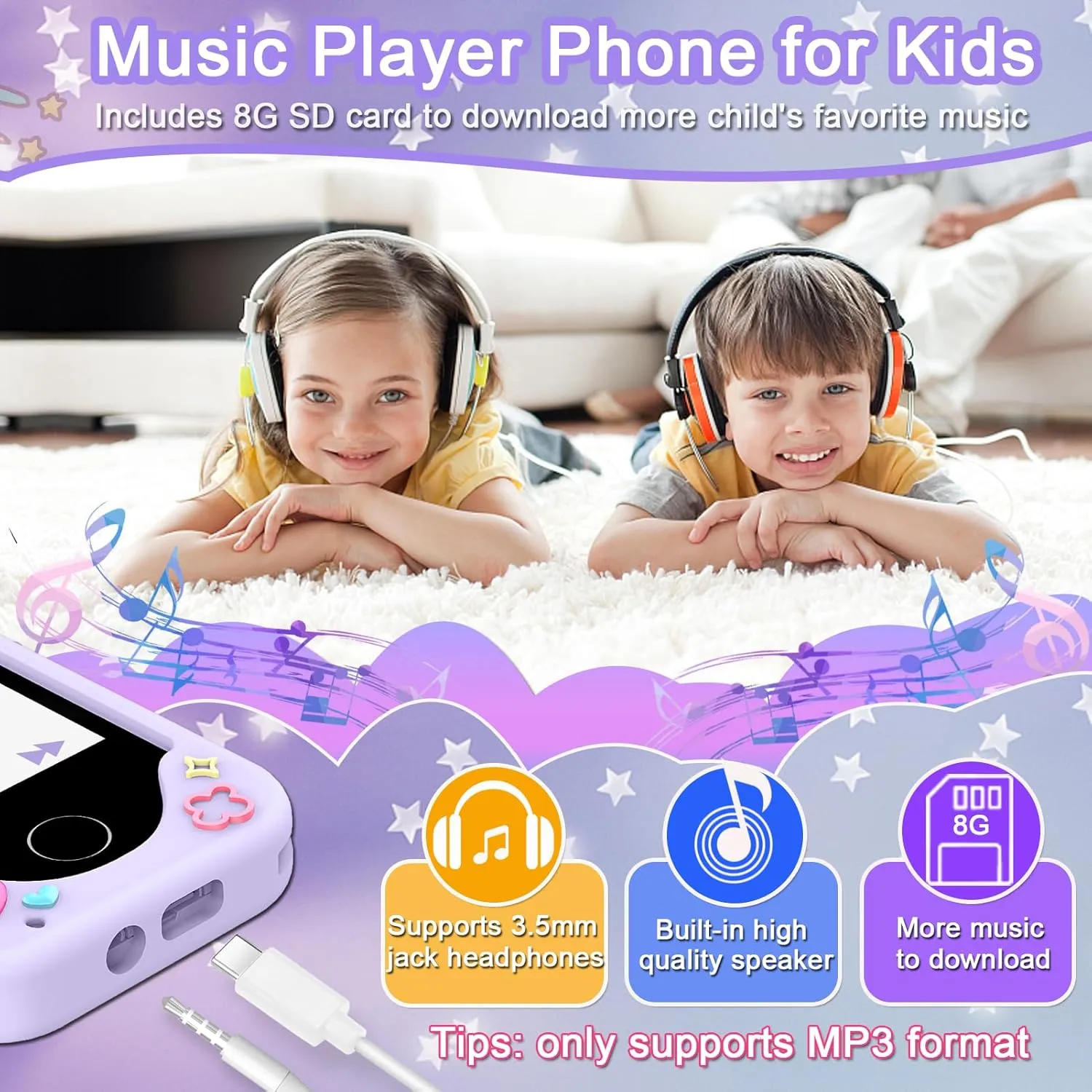 Kids Smart Phone for Girls, Christmas Birthday Gifts for Girls Age 3-10 Kids Toys Cell Phone, 2.8" Touchscreen Toddler Learning Play Toy Phone with Dual Camera, Game, Music Player, 8GB Card Purple - Image 3