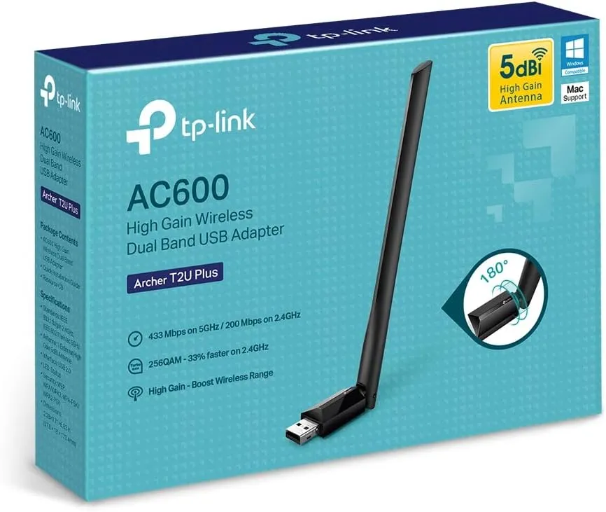 TP-Link AC600 USB WiFi Adapter for PC (Archer T2U Plus)- Wireless Network Adapter for Desktop with 2.4GHz, 5GHz High Gain Dual Band 5dBi Antenna, Supports Win11/10/8.1/8/7/XP, Mac OS 10.9-10.14, Black - Image 3