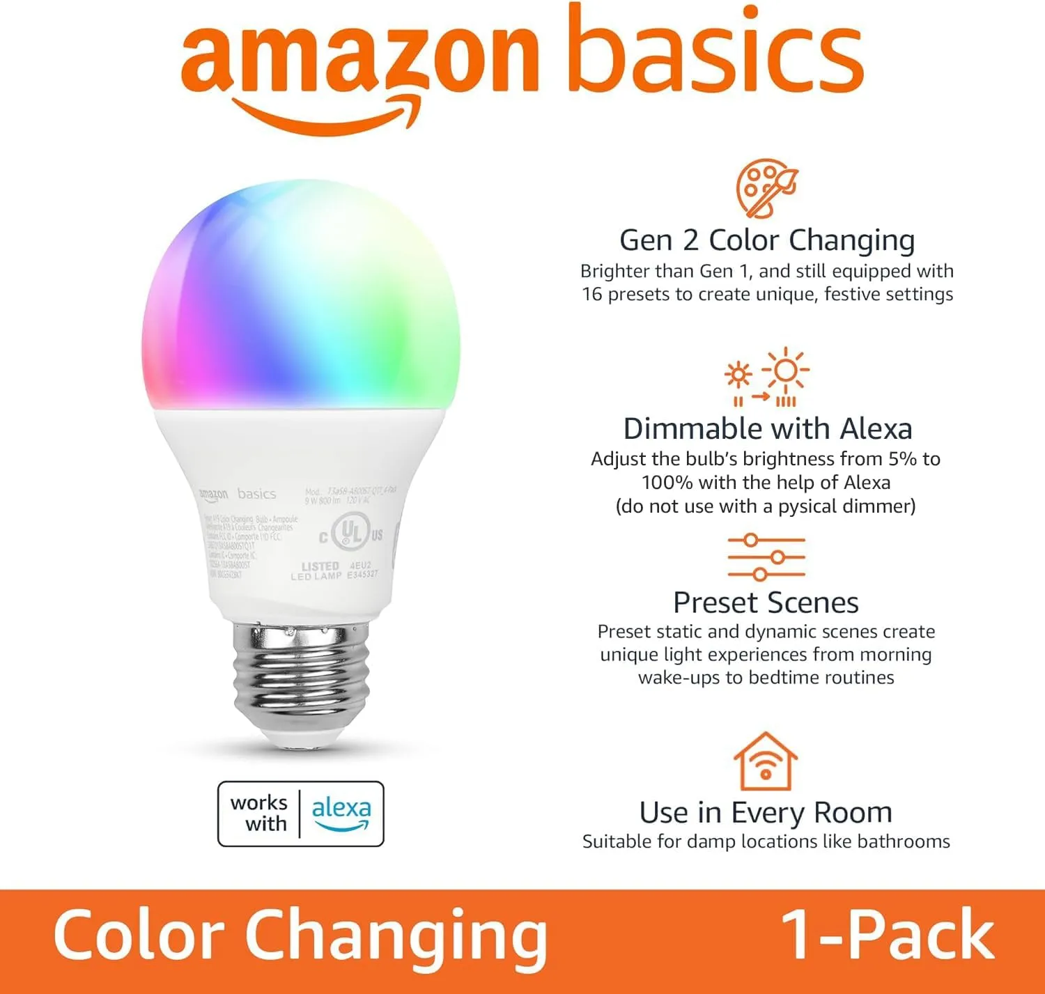 Amazon Basics Smart A19 LED Light Bulb, Color Changing, 9W (60W Equivalent), 800LM, Works with Alexa Only, 2.4 GHz Wi-Fi, No Hub Required, 1 Pack - Image 3