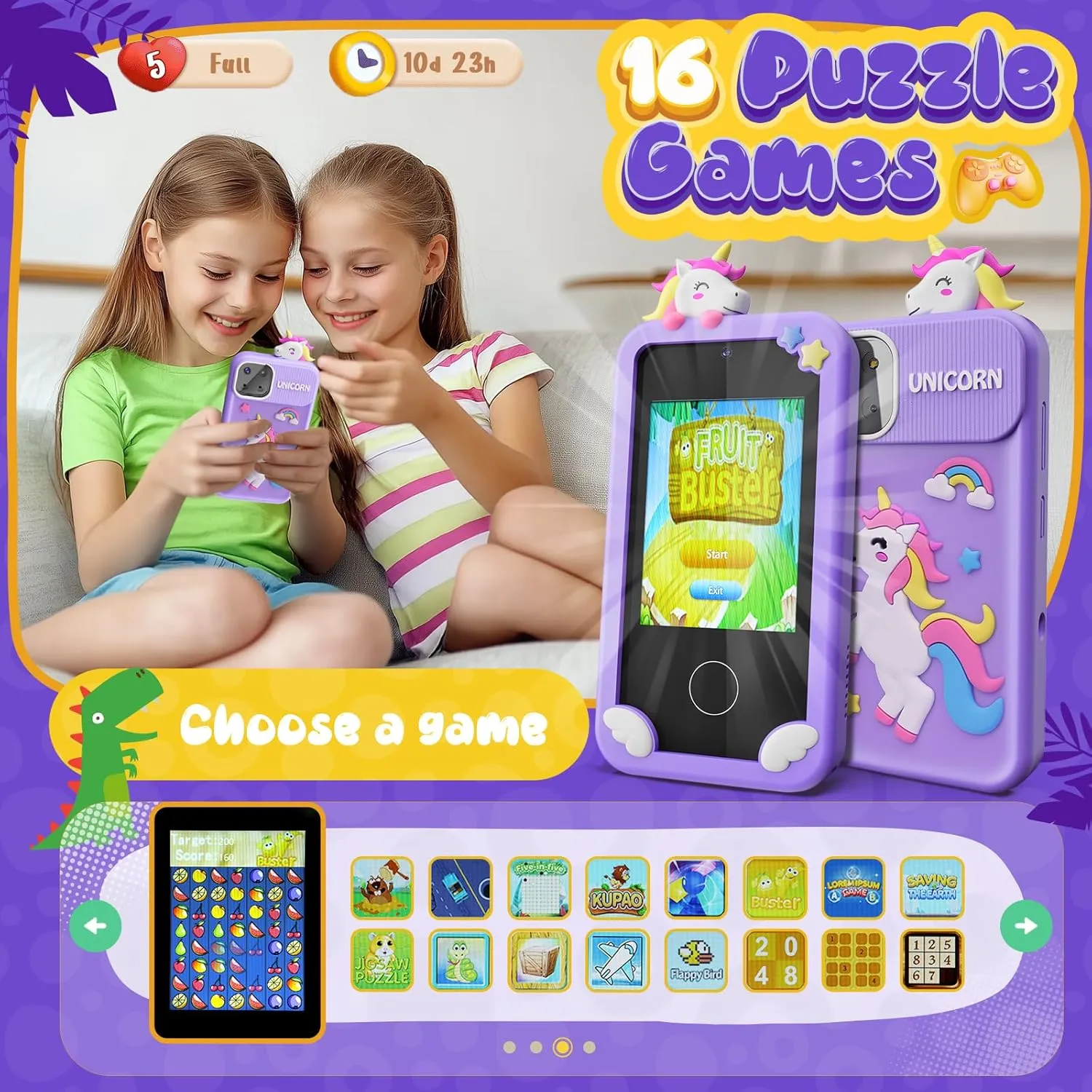 Kids Smart Phone Toys for Girls,Unicorn Gift Toys for Girls Ages 3-9 Christmas Birthday Gifts Mini Smart Phone Toys With 2.8" Touchscreen 16 Learning Games Dual Camera Music Player, 8G SD Card - Image 4