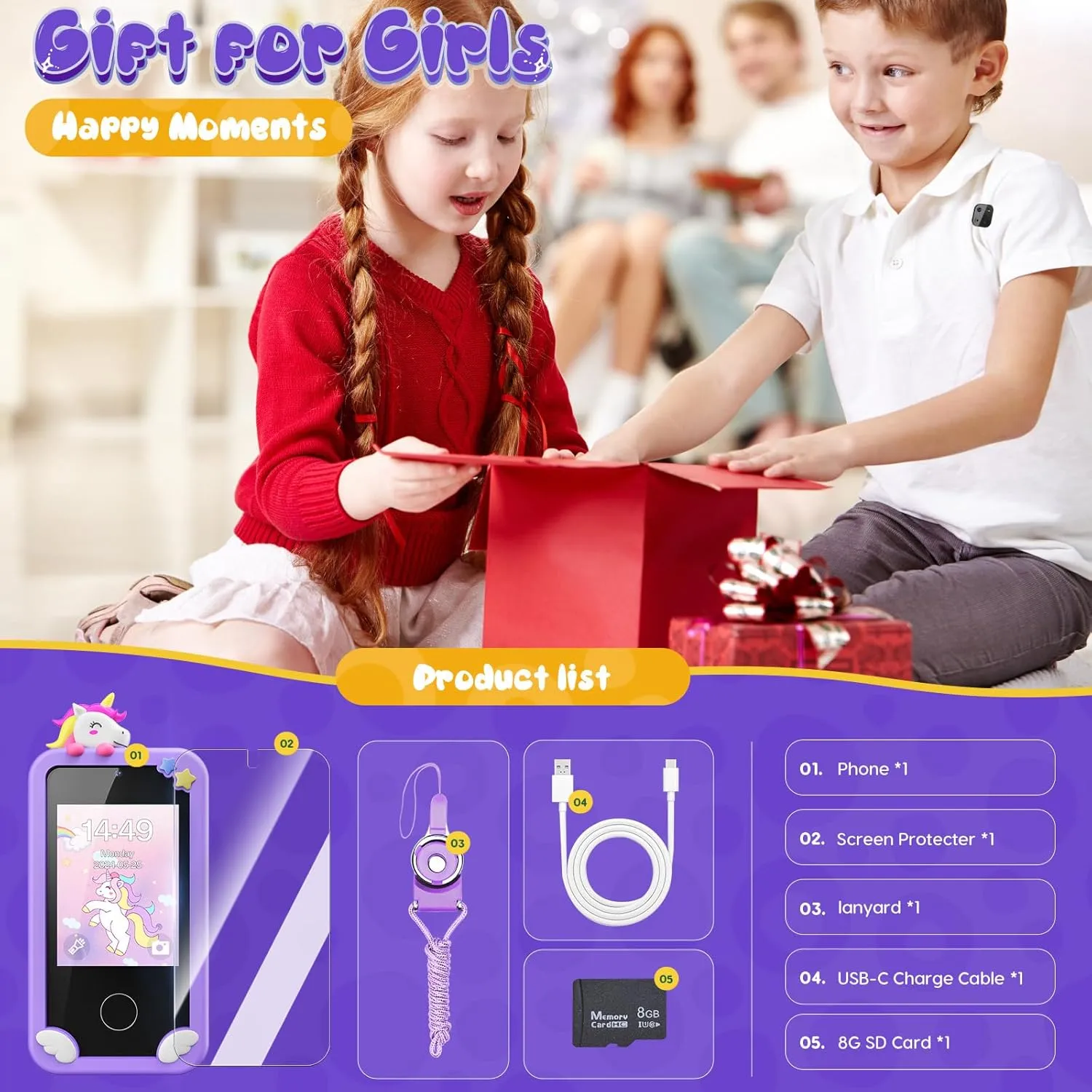 Kids Smart Phone Toys for Girls,Unicorn Gift Toys for Girls Ages 3-9 Christmas Birthday Gifts Mini Smart Phone Toys With 2.8" Touchscreen 16 Learning Games Dual Camera Music Player, 8G SD Card - Image 6