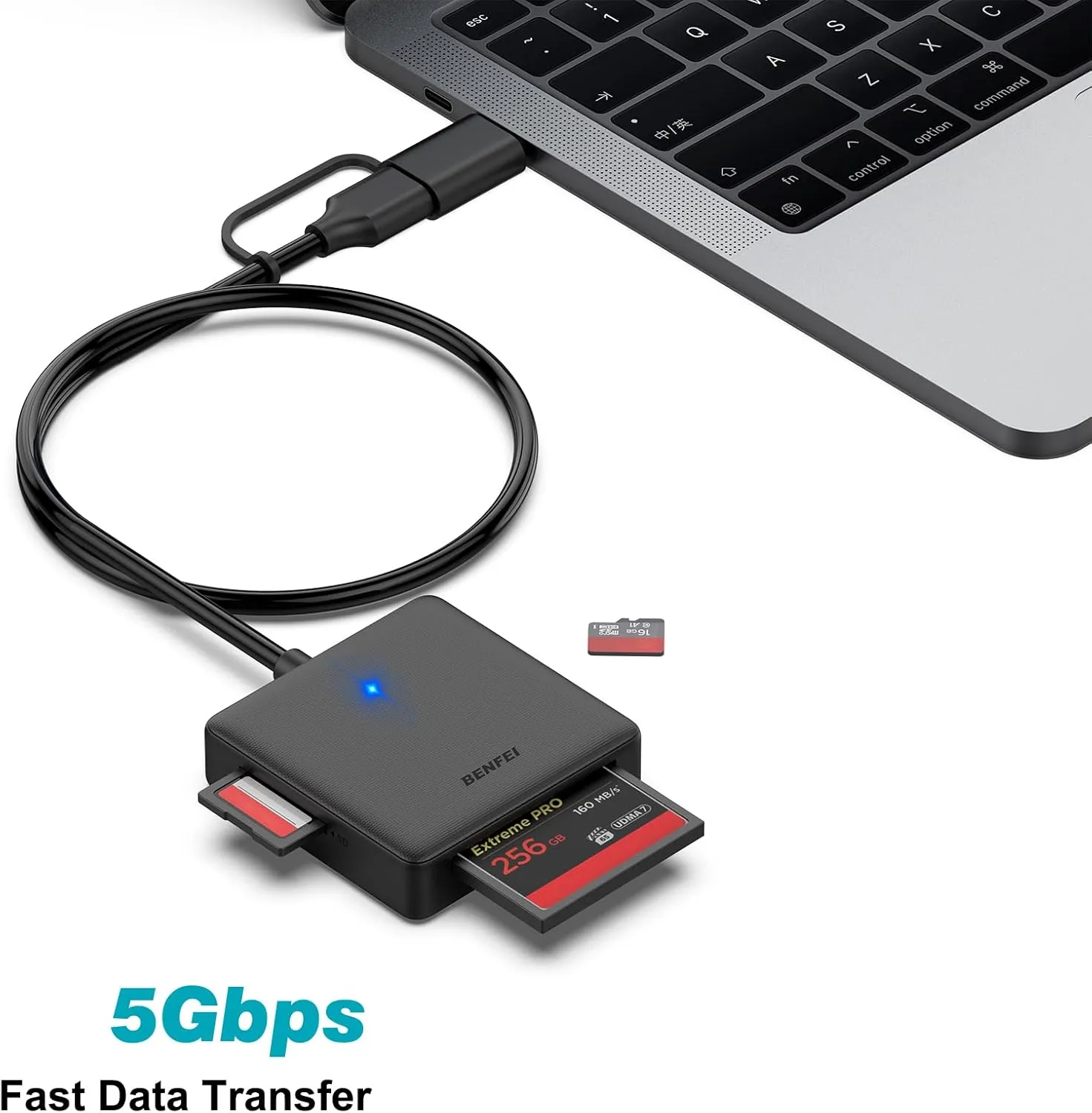 Memory Card Reader, BENFEI 4in1 USB 3.0 and USB-C to SD Micro SD MS CF Card Reader Adapter, 4 Cards Simultaneously Read and Write, Compatible with iPhone 15 Series, MacBook Pro/Air 2023, and More - Image 3