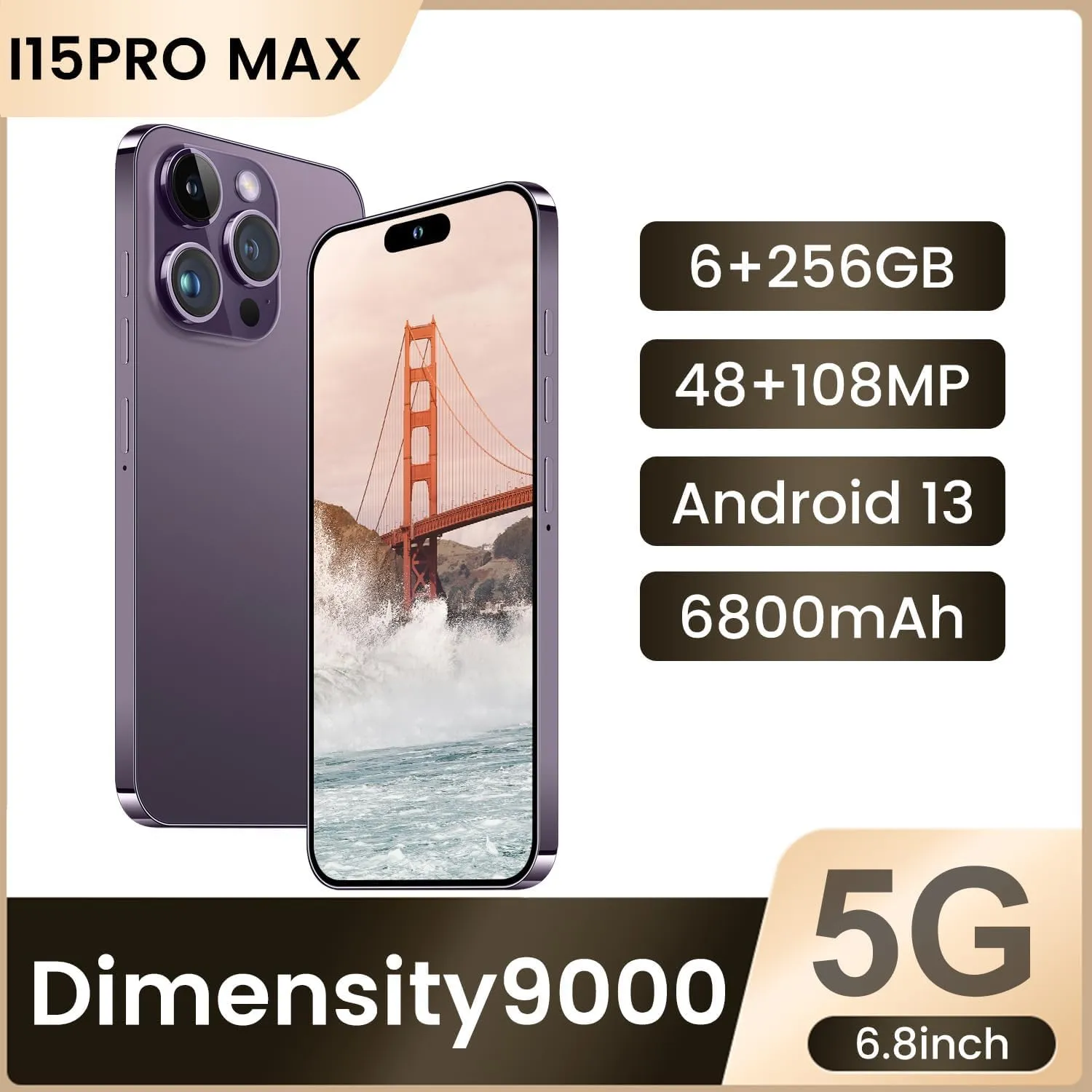 Huness I15 Pro MAX Smartphone Unlocked Cell Phone,Battery 6800mAh 6.8 HD Screen Unlocked Phone,6+256GB Android 13 with 128GB Memory Card,Dual SIM/5G/Fingerprint Lock/Face ID (Black) - Image 3