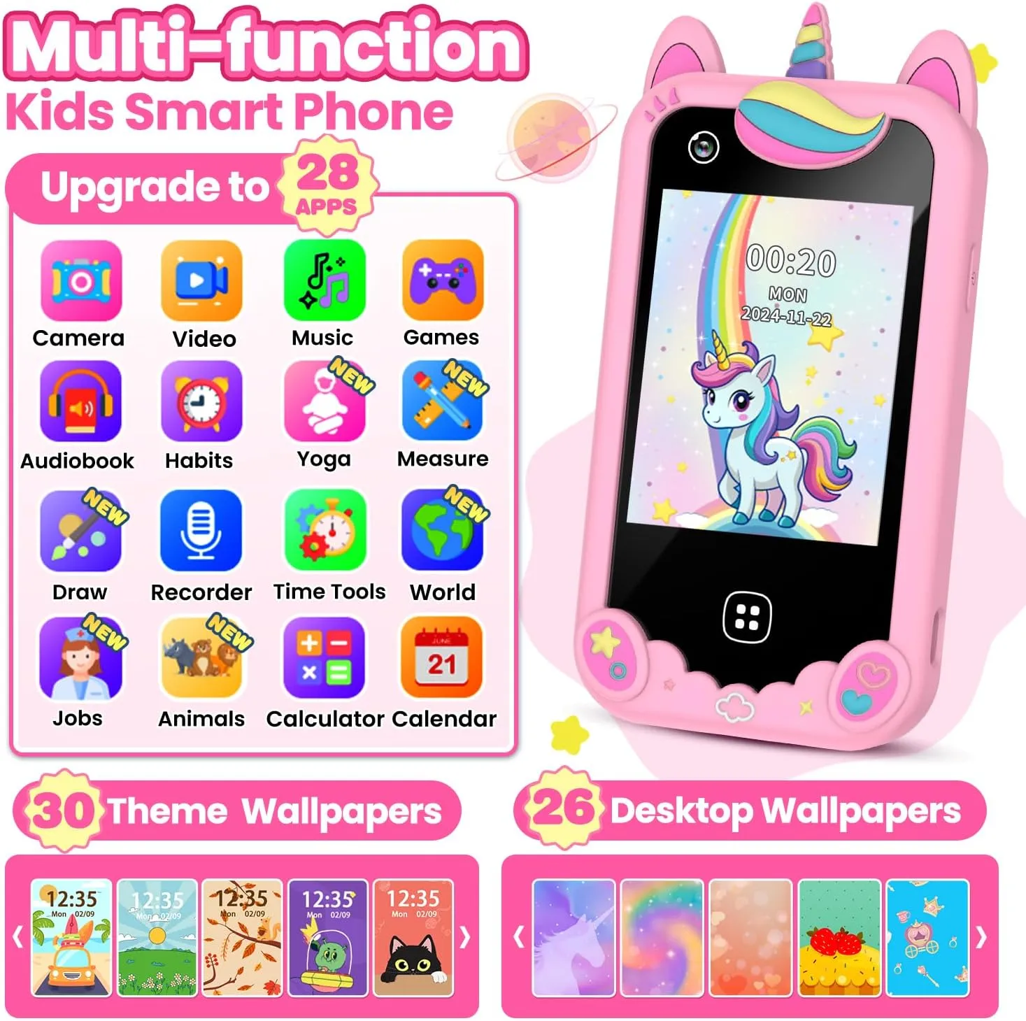 Kids Smart Phone for Girls Ages 3-8, Toy Cell Phone for Kids, Christmas Birthday Gifts for Girls, Toddler Learning Toy Phone with Touchscreen, Dual Camera, Game, Music, Story, 8GB SD Card(Pink) - Image 3