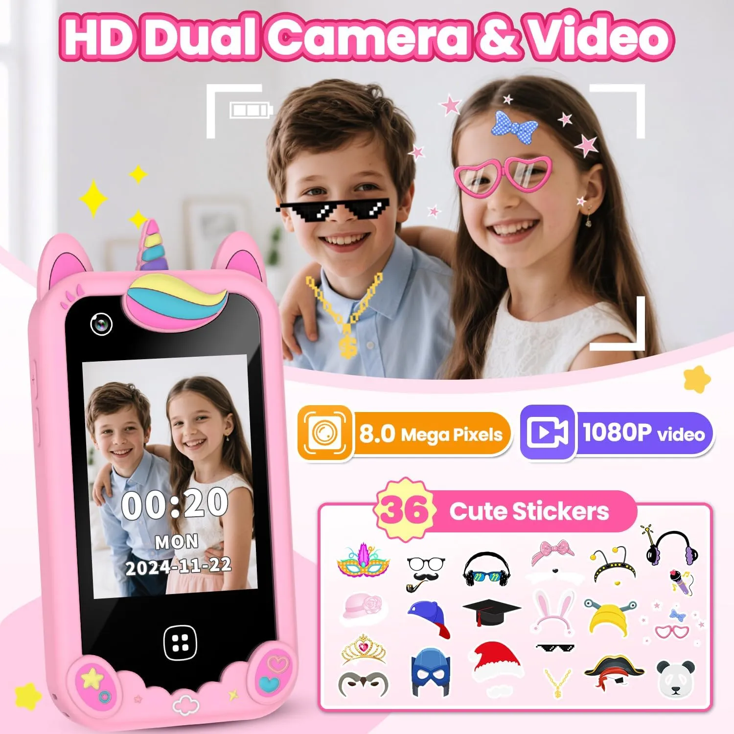 Kids Smart Phone for Girls Ages 3-8, Toy Cell Phone for Kids, Christmas Birthday Gifts for Girls, Toddler Learning Toy Phone with Touchscreen, Dual Camera, Game, Music, Story, 8GB SD Card(Pink) - Image 4