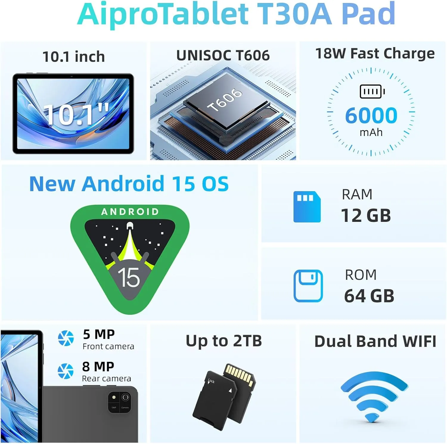 Android Tablet, 10 inch Android 15 Tablet with Octa-Core Processor, 12GB RAM 64GB ROM 2TB Expand, 1280x800 HD Touchscreen, GPS, WiFi 5, Dual Camera, BT5.0, 6000mAh, Widevine L1 (Black) - Image 3