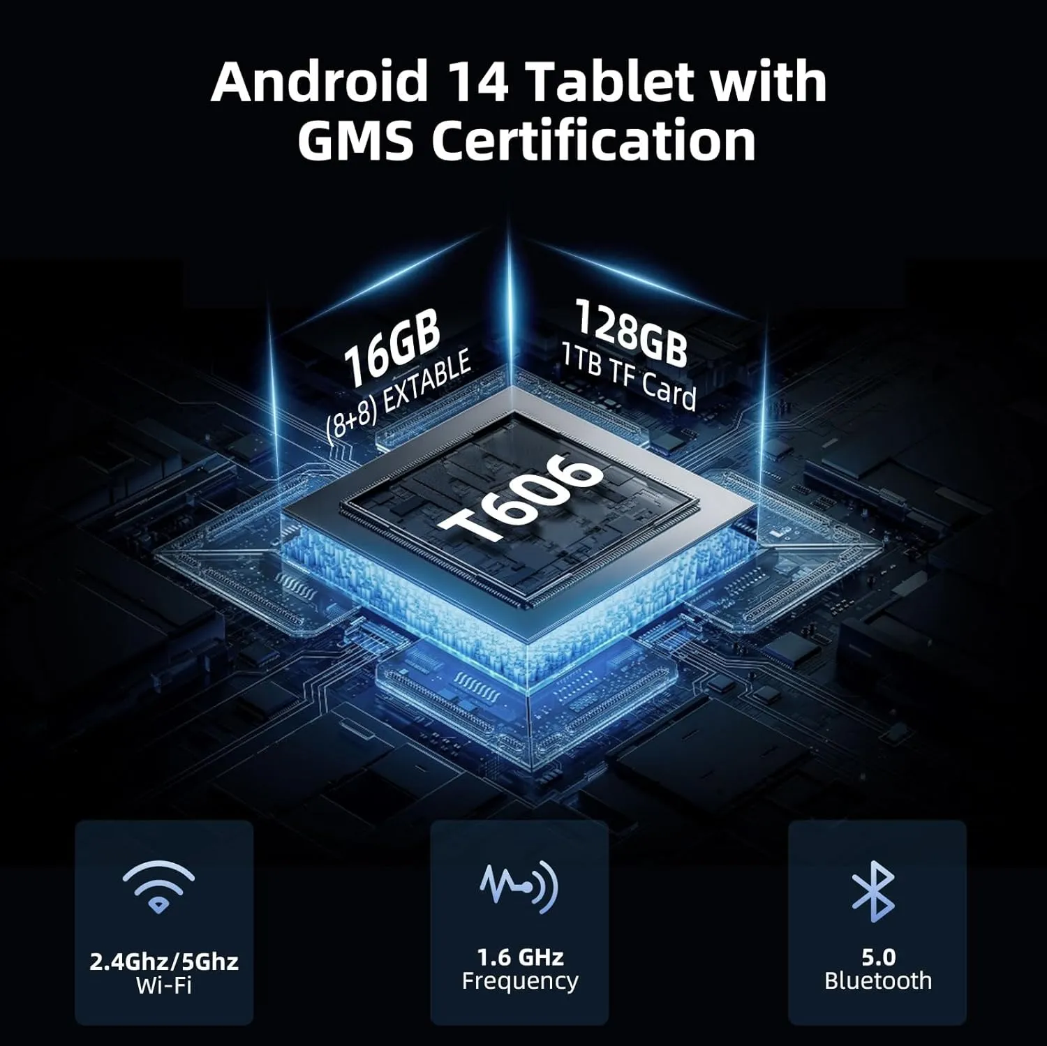 Tablet 10 Inch Android 14 Tablet, 16GB RAM 128GB ROM, 1TB Expansion, Octa-core, Large Capacity Battery, 5MP + 8MP Dual Camera, 5G/2.4G WiFi, Bluetooth 5.0, GPS, Drop-Proof Case - Black (Black) - Image 3