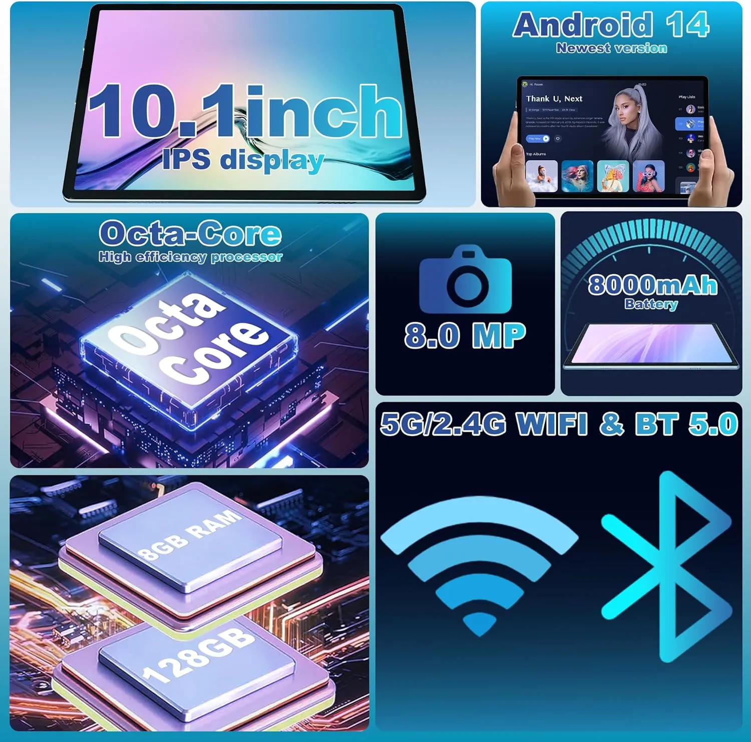 Android 14 Tablet, 10.1 Inch Android Tablet PC, 8GB RAM 128GB ROM 1TB Expand, 8000mAh Battery, Octa-Core 10.1 Inch with 13MP+8MP Camera/Bluetooth/GPS/WiFi/HD Display (Light Blue) - Image 3