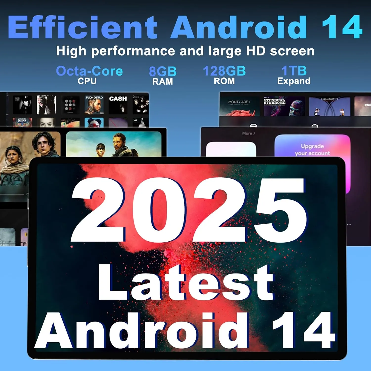 Android 14 Tablet, 10.1 Inch Android Tablet PC, 8GB RAM 128GB ROM 1TB Expand, 8000mAh Battery, Octa-Core 10.1 Inch with 13MP+8MP Camera/Bluetooth/GPS/WiFi/HD Display (Light Blue) - Image 4