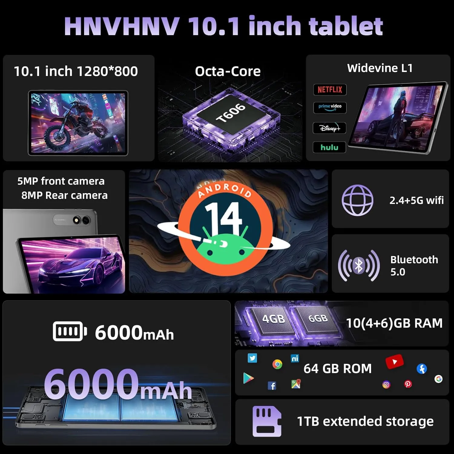 Android 14 Tablet 10.1 Inch, Octa-core, 10GB RAM 64GB ROM, 1TB Expansion, 800x1280 IPS HD Touchscreen, 6000mAh, 5MP + 8MP Dual Camera, 5G/2.4G WiFi, Bluetooth 5.0, GPS (Gray) - Image 3