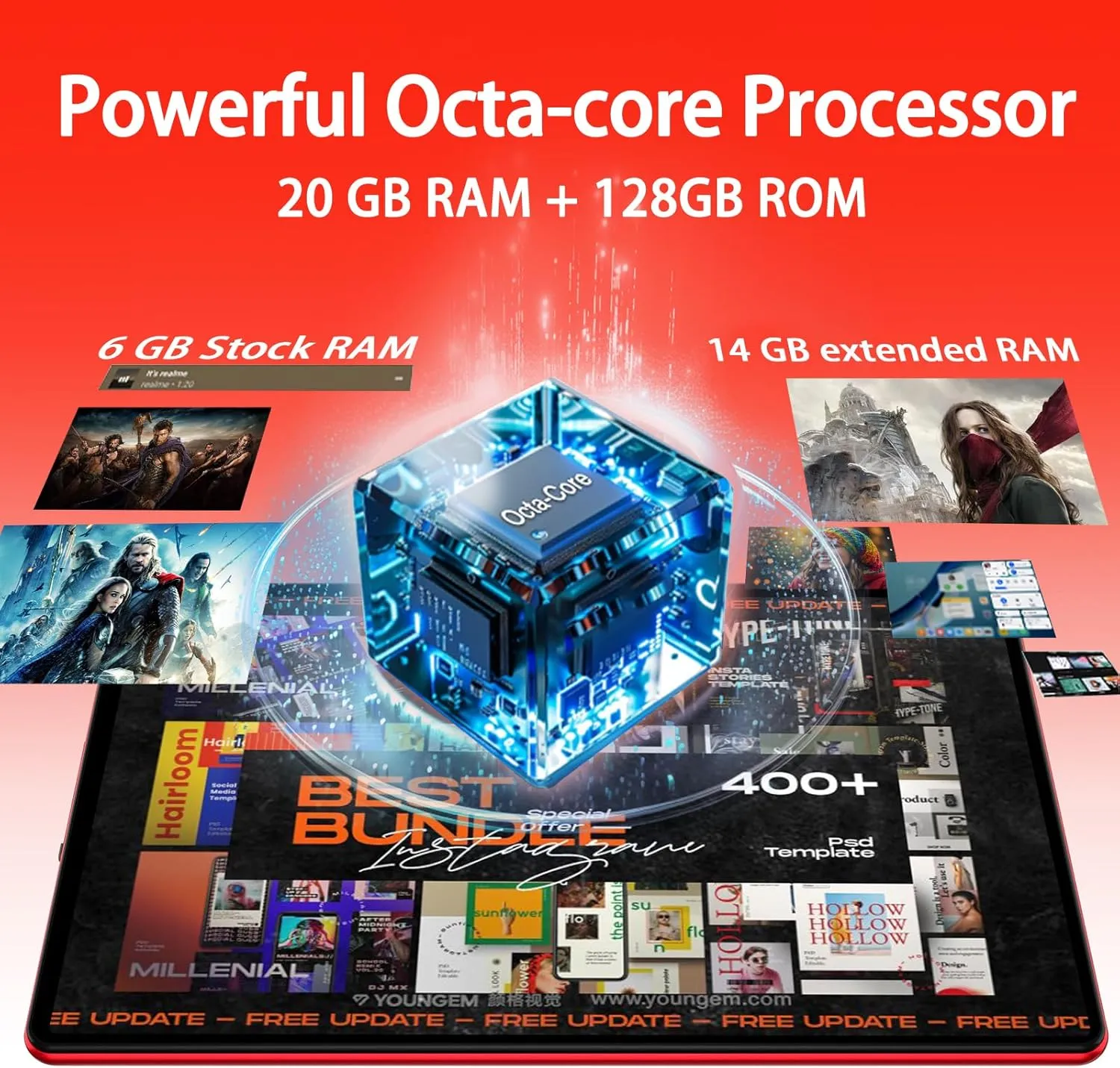 Android 14 Tablet 10.1 inch Tablets,20GB RAM 128GB ROM 1TB Expand,Octa-Core Processor,Dual Camera,WiFi 6,Bluetooth 5.0,6000mAh Long Battery Life with Keyboard/Mouse-Red - Image 4