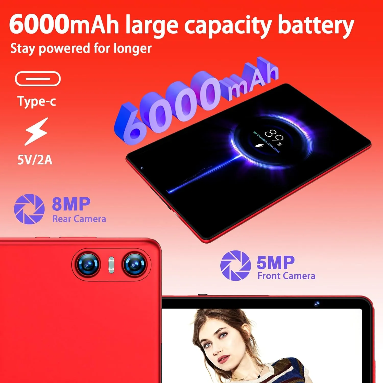 Android 14 Tablet 10.1 inch Tablets,20GB RAM 128GB ROM 1TB Expand,Octa-Core Processor,Dual Camera,WiFi 6,Bluetooth 5.0,6000mAh Long Battery Life with Keyboard/Mouse-Red - Image 6