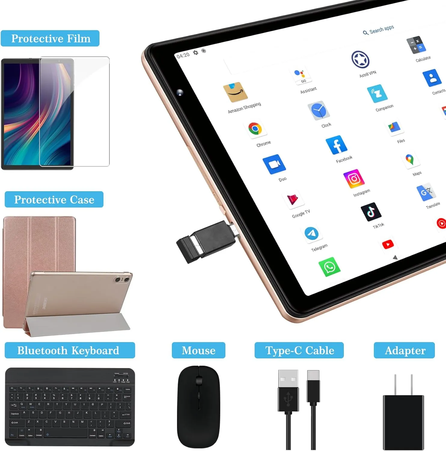 SEBBE Tablet 10 Inch, 2025 Android 13, 12GB RAM + 128GB ROM TF 1TB, Octa-Core 2.0 GHz, Bluetooth 5.0 | 5G WiFi | 6000mAh | 1280 * 800 | 5MP+8MP, with Keyboard and Mouse Gold - Image 8