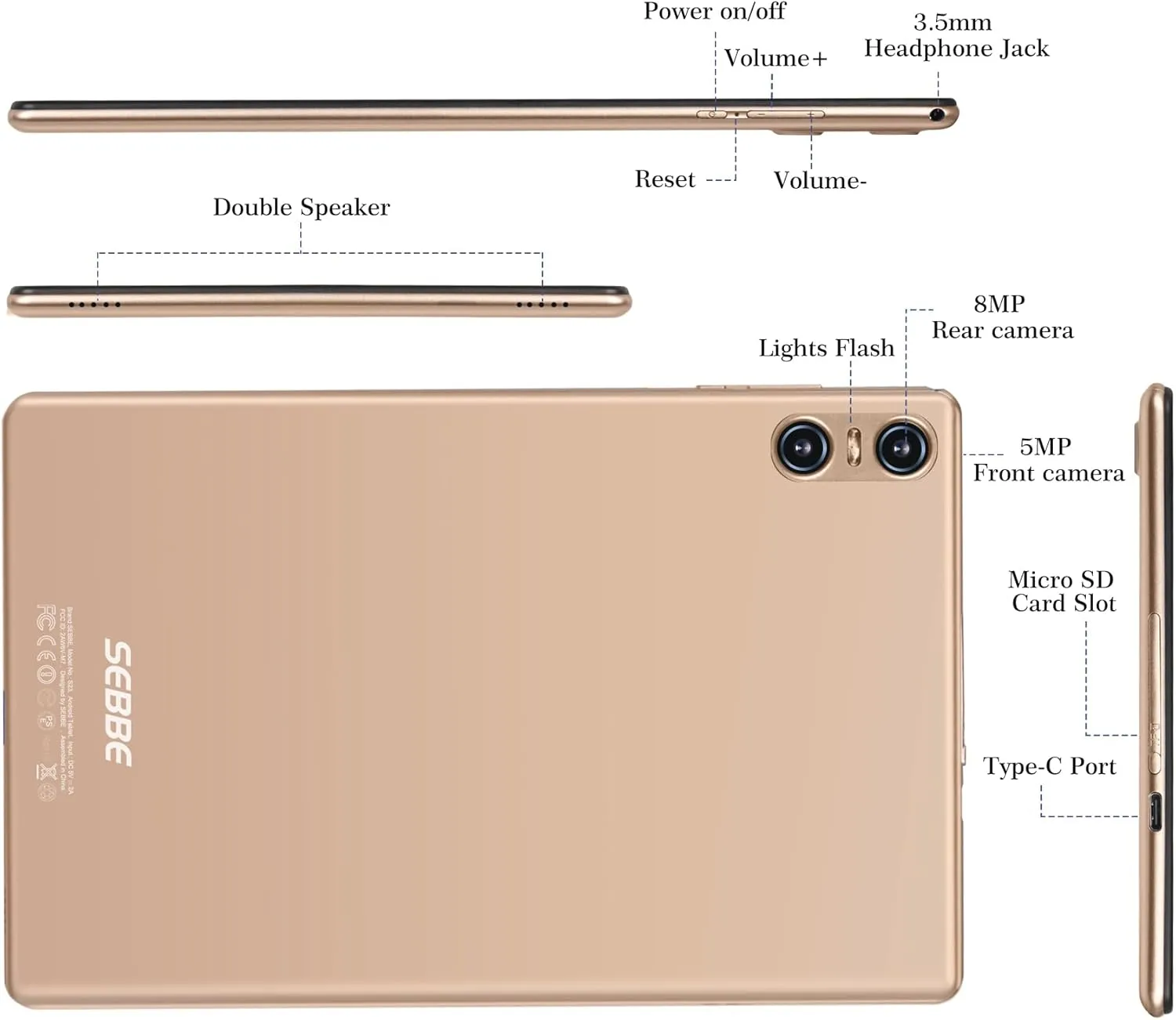 SEBBE Tablet 10 Inch, 2025 Android 13, 12GB RAM + 128GB ROM TF 1TB, Octa-Core 2.0 GHz, Bluetooth 5.0 | 5G WiFi | 6000mAh | 1280 * 800 | 5MP+8MP, with Keyboard and Mouse Gold - Image 9