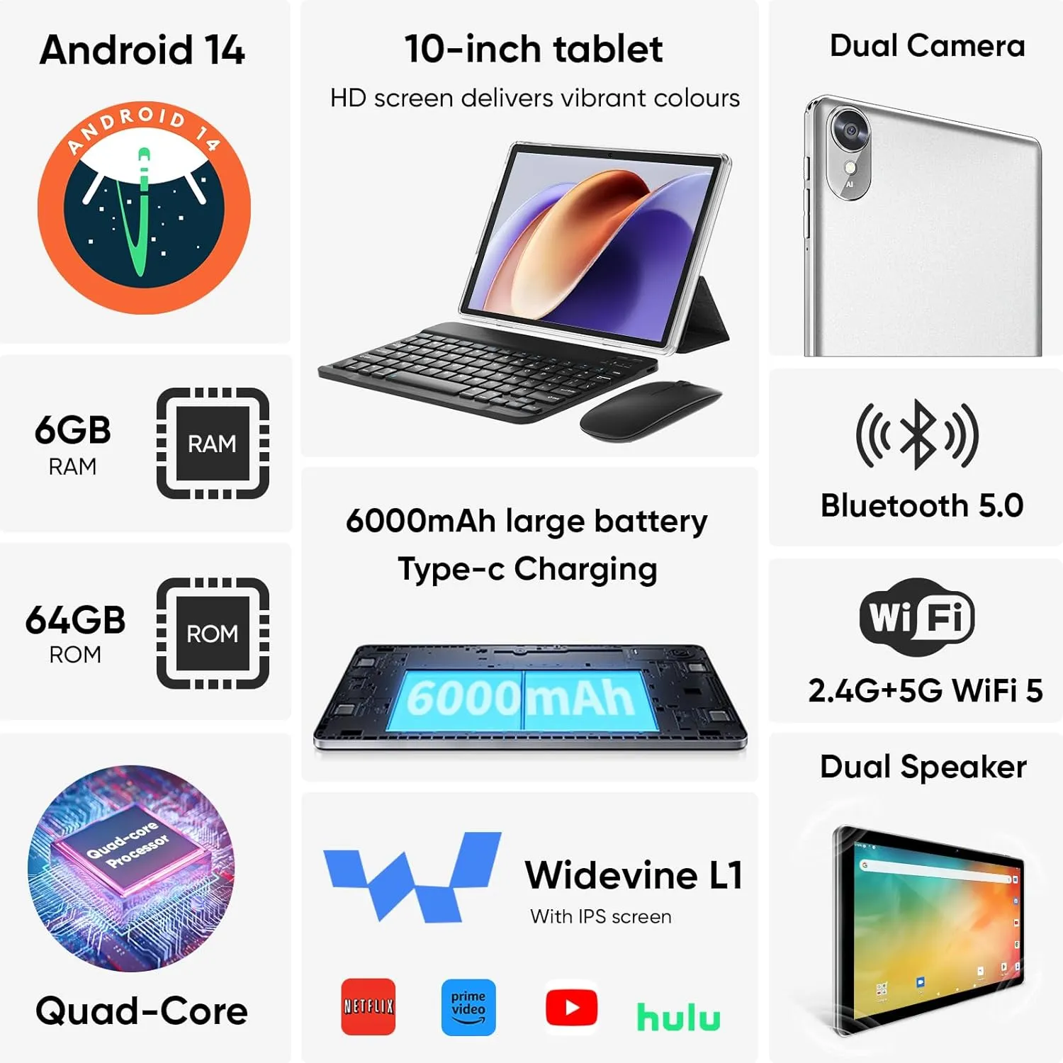 Tablet 10 inch, Android 14 Tablet with Keyboard, 6GB+64GB 1TB Expand, 2.4G/5G WiFi, 6000mAh Battery, BT 5.0, GMS Certified, 1280x800 IPS Touch Screen, Dual Camera, with Case, Mouse, Stylus (Gray) - Image 3