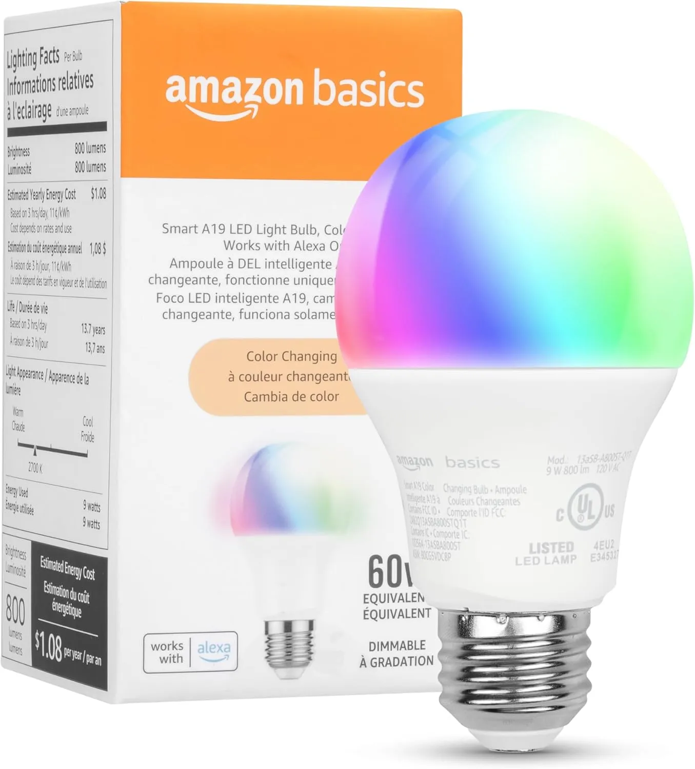 Amazon Basics Smart A19 LED Light Bulb, Color Changing, 9W (60W Equivalent), 800LM, Works with Alexa Only, 2.4 GHz Wi-Fi, No Hub Required, 1 Pack - Image 2