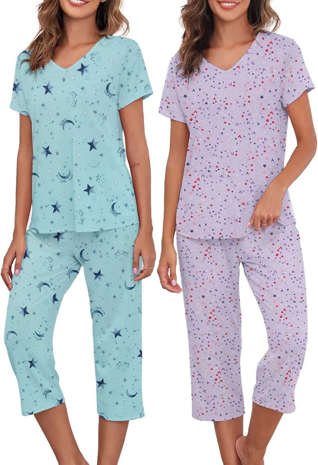American Trends 2 Pack Cotton Pajamas for Women Set Two Piece Short Sleeve Sleepwear Tops with Capri Pants Summer Pj Set - Image 2