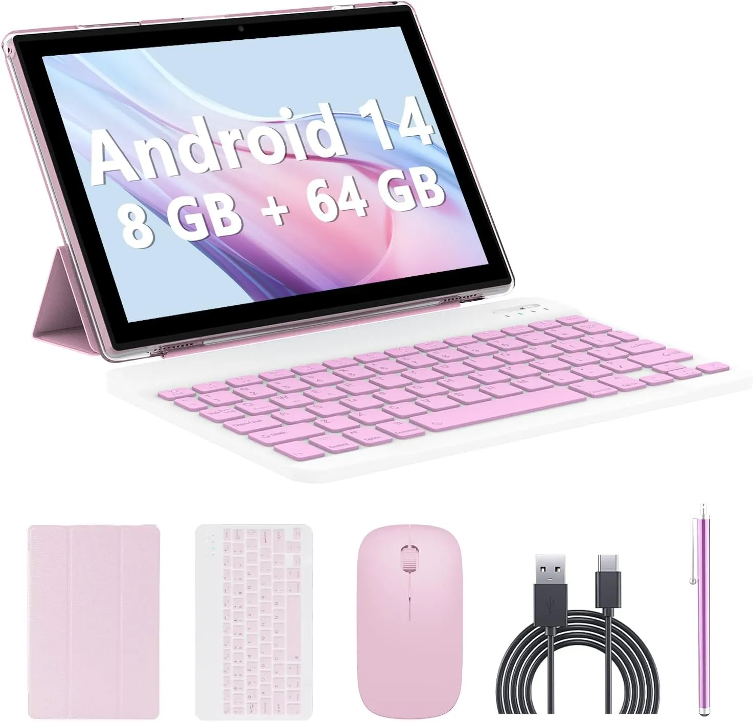Android 14 Tablet, 10 inch 2 in 1 Tablets with Keyboard Mouse Case Stylus, 8GB+64GB+1TB Expand Tablet, 8MP Camera, IPS Touch Screen Tablet Computer, 5G WiFi, Bluetooth, Long Battery Life Tablet Pink - Image 2