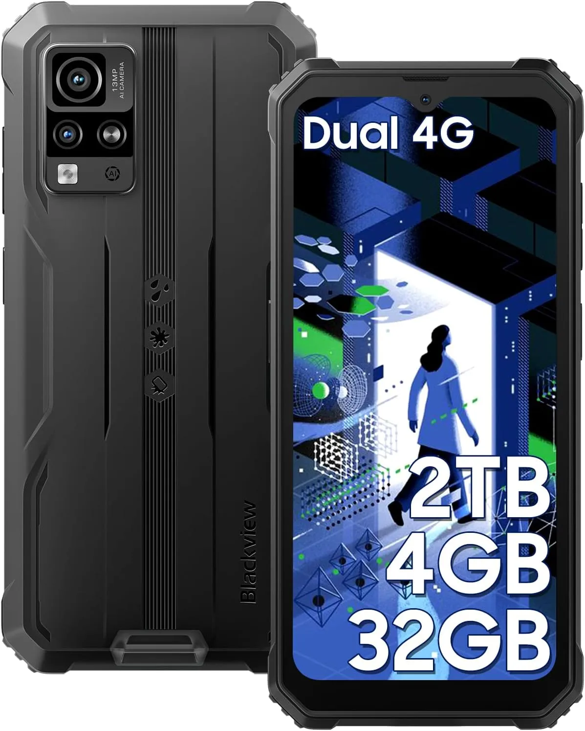 Blackview Phone BV4800, Android 13 4GB+32GB 2TB Expand Rugged Smartphone, 6.56" Incell Screen 5180mAh Rugged Phone, 4G T-Mobile Dual SIM Rugged Smartphone Unlocked, IP69K, 3 Card Slots/Face ID-Black - Image 2