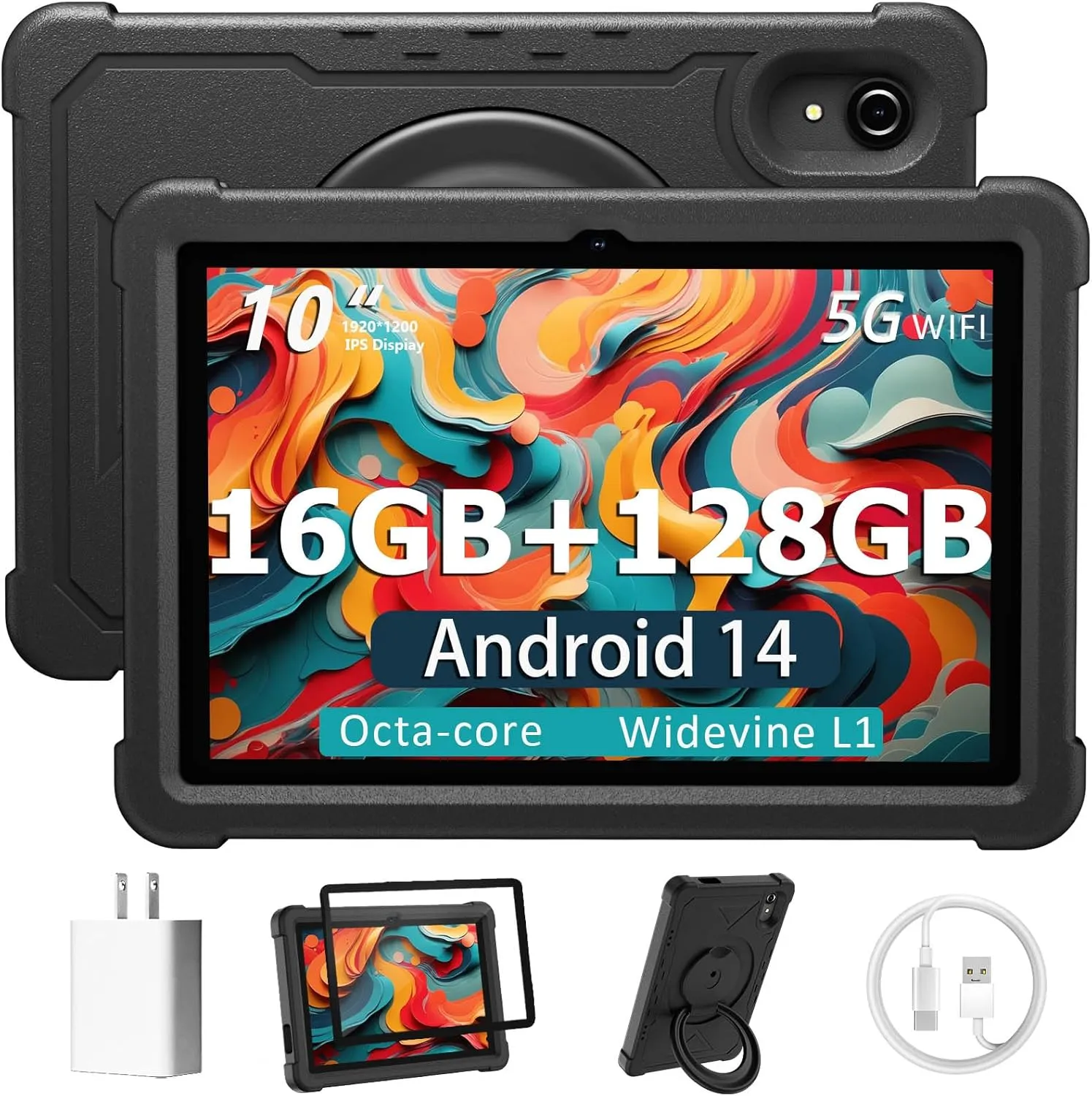 Tablet 10 Inch Android 14 Tablet, 16GB RAM 128GB ROM, 1TB Expansion, Octa-core, Large Capacity Battery, 5MP + 8MP Dual Camera, 5G/2.4G WiFi, Bluetooth 5.0, GPS, Drop-Proof Case - Black (Black) - Image 2