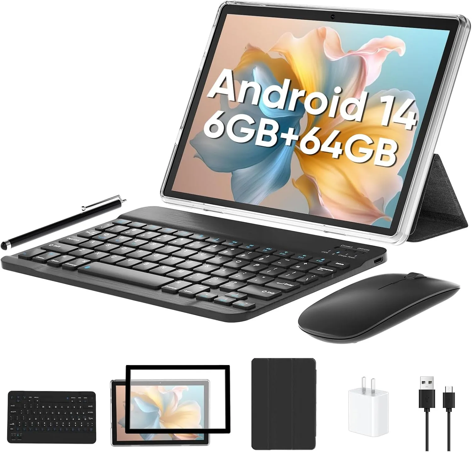 Tablet 10 inch, Android 14 Tablet with Keyboard, 6GB+64GB 1TB Expand, 2.4G/5G WiFi, 6000mAh Battery, BT 5.0, GMS Certified, 1280x800 IPS Touch Screen, Dual Camera, with Case, Mouse, Stylus (Gray) - Image 2
