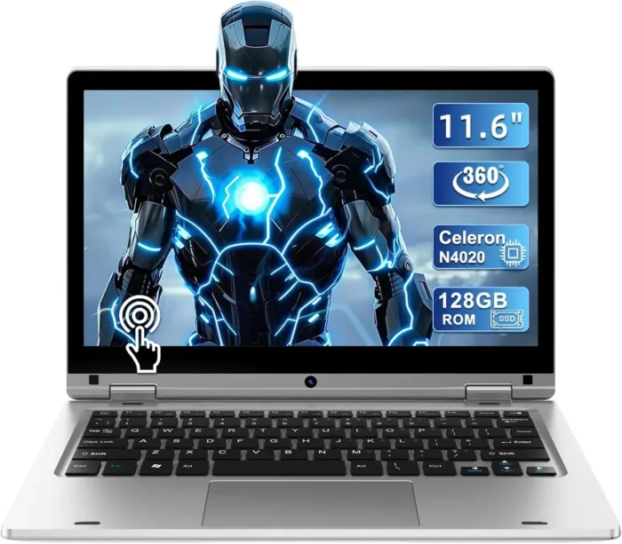 11.6" Laptop Touchscreen 360° Foldable Laptop PC 6GB RAM 128GB SSD FHD Display Laptop Computer Celeron N4020 With 256GB SD Card Dual Band WiFi Bluetooth 4.2 USB 3.0*1 HDMI*1 For Office Study Silver