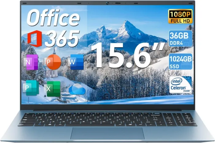 15.6 Inch Laptops, Windows 11 Laptop Computers with 36GB RAM 128GB EMMC+1024GB SSD, Celeron N5095 Quad-Core, 1 Year Office 365, WiFi 6, 180° Viewing, USB 3.2, HDMI, Type-C, 7000mAh Battery
