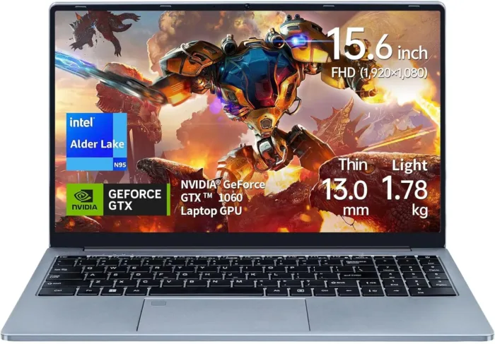 15.6 inch Narrow Border Laptop, Celeron N95 UHD + GTX 1060 4GB,16G DDR4 Quad-Core,1920x1080 FHD IPS, Backlit Keyboard,Fingerprint Unlocking (Gray, 16GB+256GB SSD)
