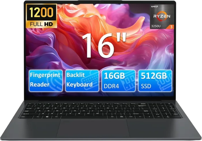 16 Inch Laptop Computer for Business Student,AMD Ryzen3 3250U(Up to 3.5GHz,Beats N95),1920×1200 FHD IPS Display,16GB RAM 512GB SSD,1MP Webcam,WiFi,HDMI,USB,Type-C,Backlit Keyboard,Fingerprint,Numpad