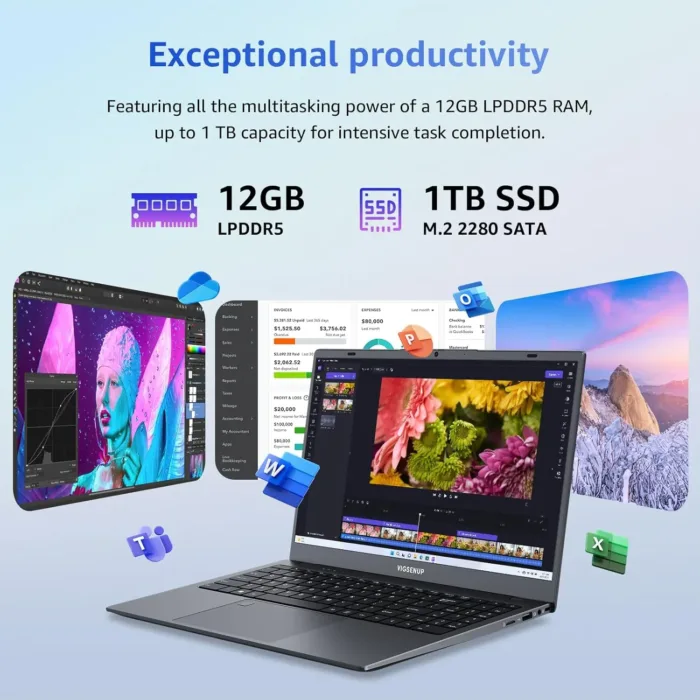 Laptop, 12GB LPDDR5 RAM, 1TB SSD, 15.6 Inch Laptop Computer, Win 11 Pro, N95 Quad Core Processor, Up to 3.4GHz, Preinstall Office Pro Plus 2024, WiFi 5, BT 5.0, USB-C, Webcam, Fingerprint - Image 3