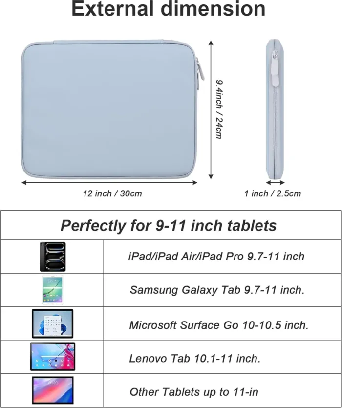 DDgro Padded Tablet Sleeve Bag for 9-11 Inch iPad, iPad Pro, iPad Air and Other Tablets (PU-Misty Blue, 11 inch)