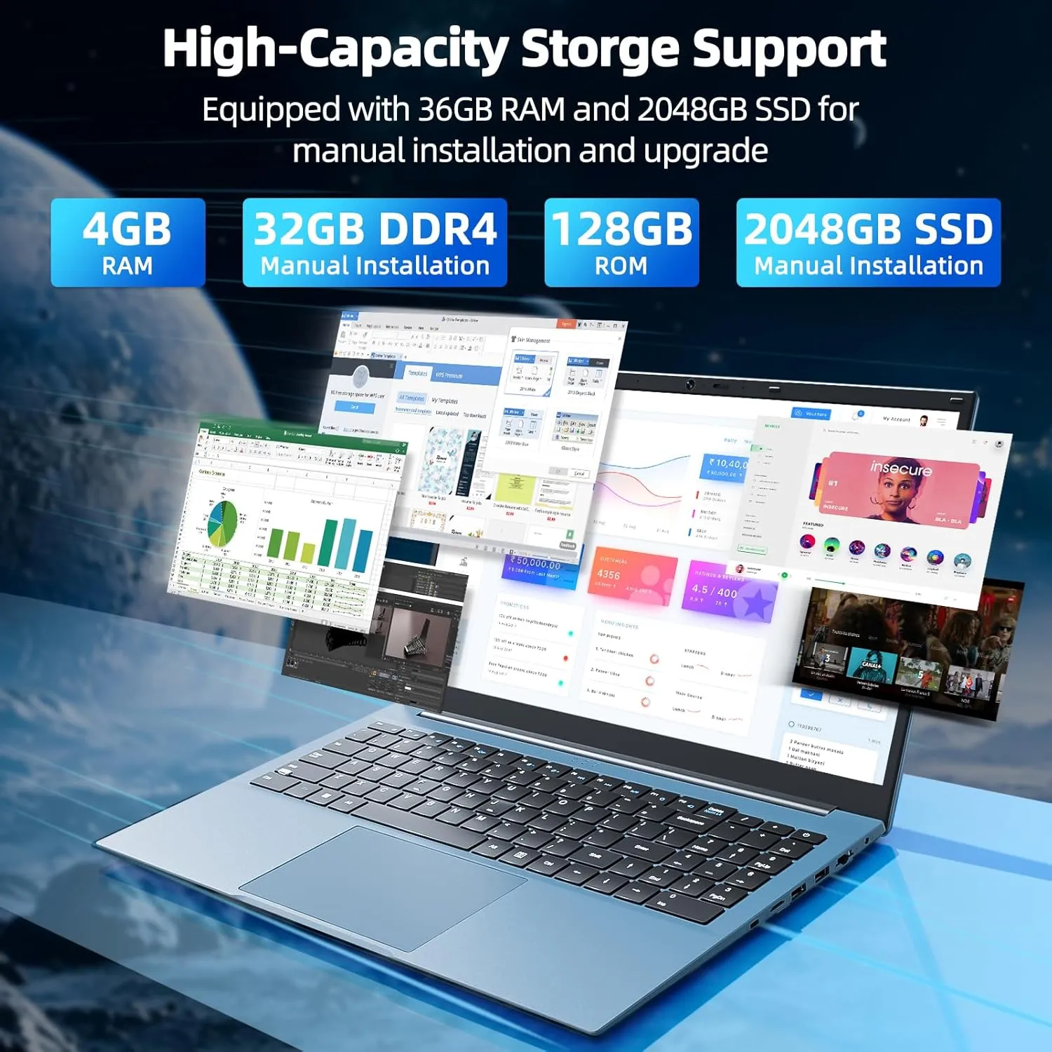 15.6 Inch Laptops, Windows 11 Laptop Computers with 36GB RAM 128GB EMMC+2048GB SSD, Celeron N5095 Quad-Core, 1 Year Office 365, 180° Viewing, WiFi 6, USB 3.2 * 3, HDMI, Type-C, 7000mAh - Image 3