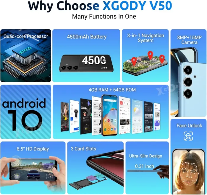 Xgody Unlocked Cell Phones V50, 4GB+64GB ROM, 6.52'' HD Incell Screen Smartphone, Dual 4G LTE Unlock Android Phone, 13MP+5MP Camera, Face Unlock, 4500mAh Battery Mobile Phone (Purple)