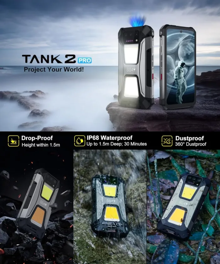 8849 Tank 2 Pro Rugged Smartphone Unlocked, 24+512GB/1TB Android 14 Rugged Cell Phone with Projector, 6.79’’ 4G Waterproof Mobile Phones 23800mAh, Fingerprint/Dual Sim/OTG/GPS/Face ID