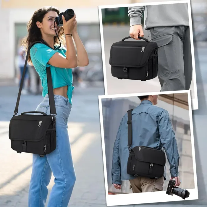 RAINSMORE Camera Bag, DSLR/SLR/Mirrorless Camera Case with Tripod Holder Waterproof Camera Sling Bag Crossbody Camera Bags for Photographers with Rain Cover for Canon/Nikon/Sony/Fuji, Black - Image 3