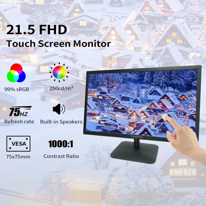 21.5 Inch Touchscreen Monitor FHD 1920x1080P, Built-in Speakers, VESA Supports, 10-Points Computer Touch Screen PC Display with Type-B HDMI VGA Port, 75Hz Desktop Touch Display, Black