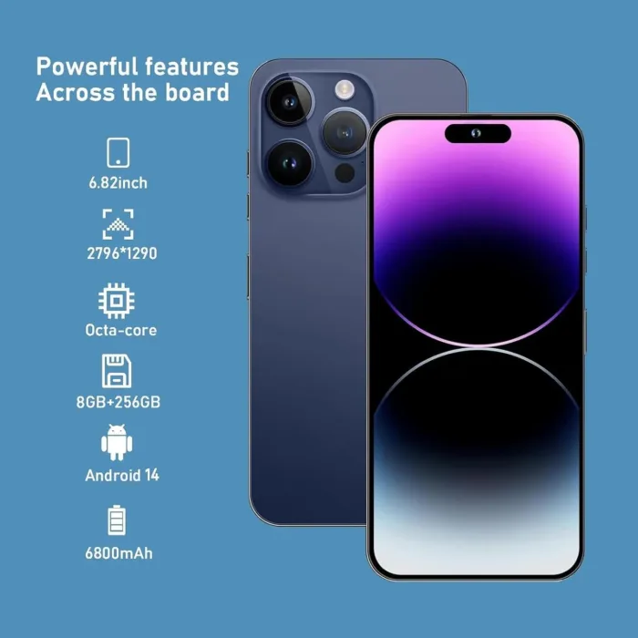 A15 Pro Max Unlocked Phones,Android 14.0 Smartphone,8+256GB Cell Phone,Support Dual SIM Dual Standby Face Recognition 6800mAh Ultra Long Life Battery-Blue