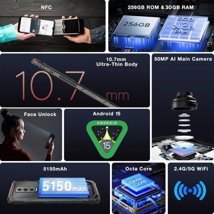 DOOGEE Blade10 Pro(2025) Android 15 Rugged Phone,10.7mm Ultra-Thin,30GB+256GB/TF 2TB,6.56”HD+90Hz Rugged Smartphone,5150mAh,50MP+8MP Camera,NFC/Widevine L1/Face ID/IP68/IP69K/3 Card Slot(Red)