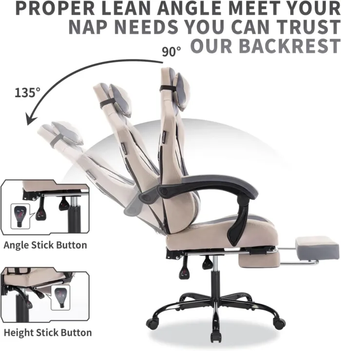 Gaming Chair with Massage,Ergonomic PC Computer Chair with Footrest Comfortable Headrest and Lumbar Support,High Back PVC Leather,300LBS (Grey) - Image 3