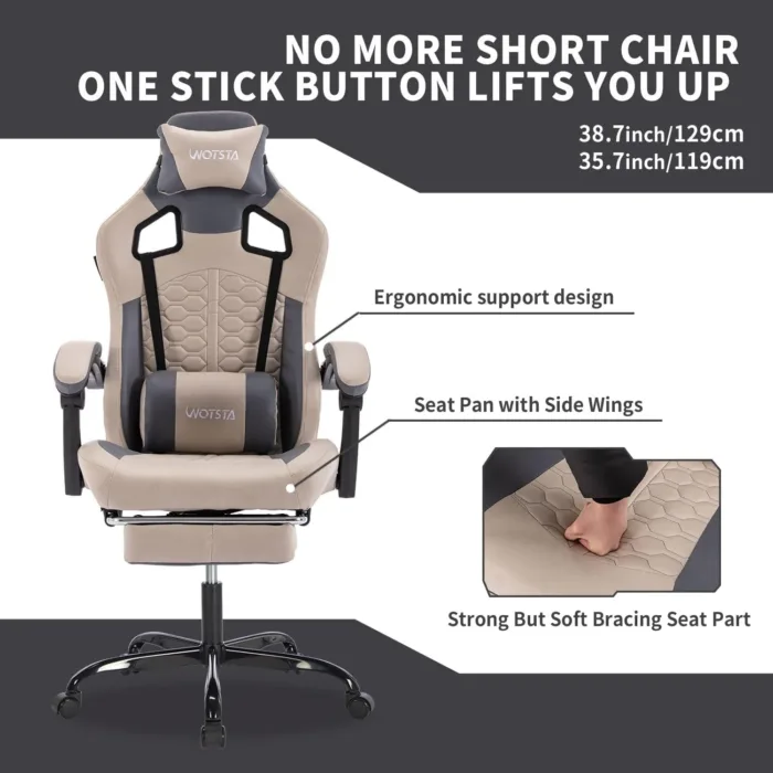 Gaming Chair with Massage,Ergonomic PC Computer Chair with Footrest Comfortable Headrest and Lumbar Support,High Back PVC Leather,300LBS (Grey) - Image 6