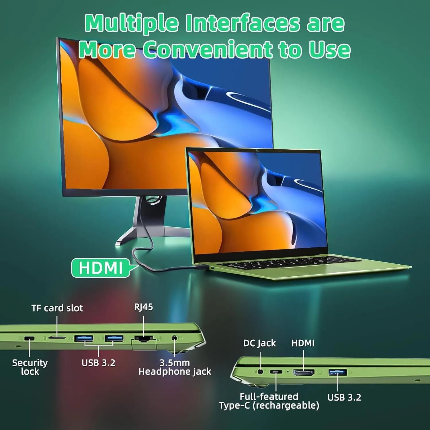 Naclud 18.5 Inch Laptops, 11 Home Computers with 4GB RAM 128GB SSD, Celeron N5095 Quad-Core(Up to 2.9GHz), 1 Year Office 365, 8000mAh Battery, WiFi 6, BT5.2, USB 3.2, HDMI, Type-C(Green) - Image 8