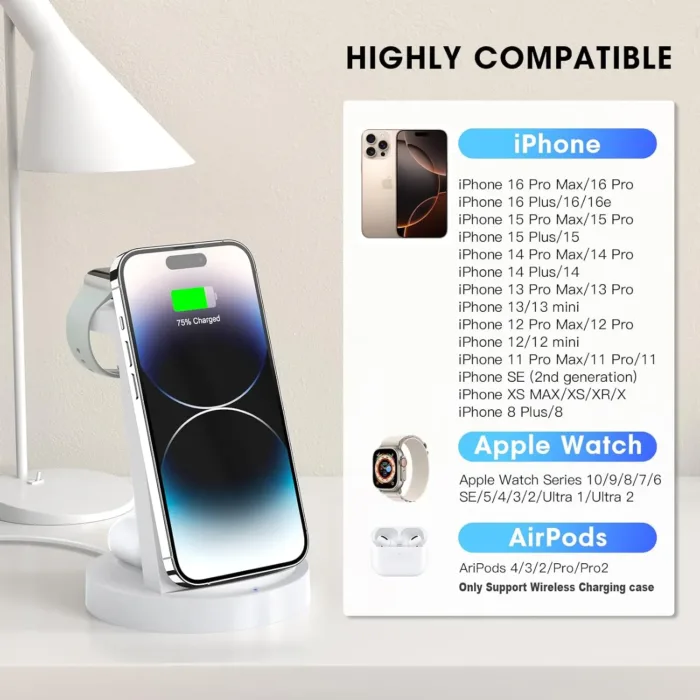3 in 1 Charging Station for iPhone - Wireless Charger for Apple Products Multiple Devices - Charging Dock Stand for AirPods (for iPhone 16e 16 15 14 13 pro 12 11 X Max)