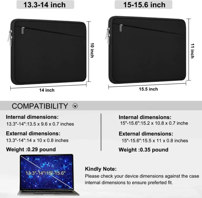 15.6 inch Laptop Sleeve, Durable Computer Carrying Bag Protective Case Briefcase Handbag with Front Pocket, Slim Cover for 15-16 Inch HP, Dell, Lenovo, Asus, Notebook, Black
