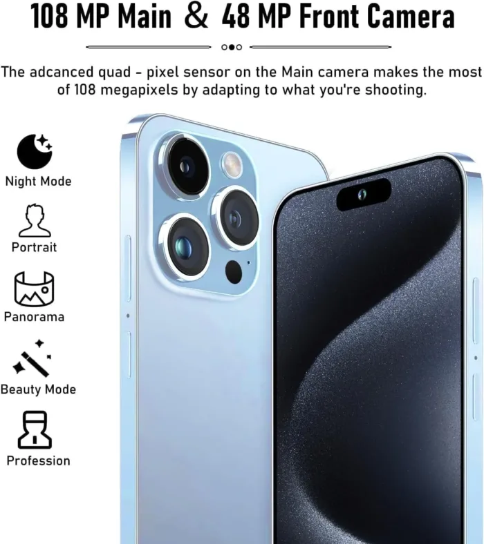 A15 Pro Max Unlocked Android Phone, 8+256GB Storage Cell Phone, 108MP Camera |6.8" HD Display | Dual SIM & Face ID | 6800mAh Battery | 5G Smartphone with Android 14.0-Blue