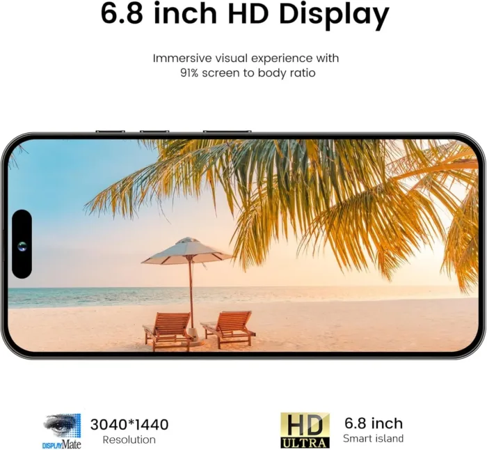 A15 Pro Max Unlocked Android Phone, 8+256GB Storage Cell Phone, 108MP Camera |6.8" HD Display | Dual SIM & Face ID | 6800mAh Battery | 5G Smartphone with Android 14.0-Blue