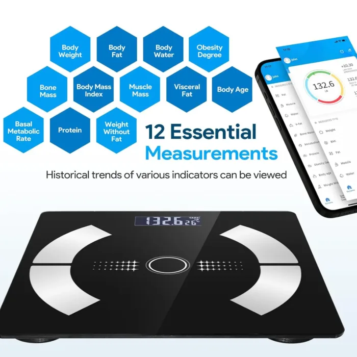 Digital Simple and Practical Body Fat Scale with Led Display, Bathroom Scale, Body Composition Analyzer with Smartphone Application and Bluetooth synchronous Scale