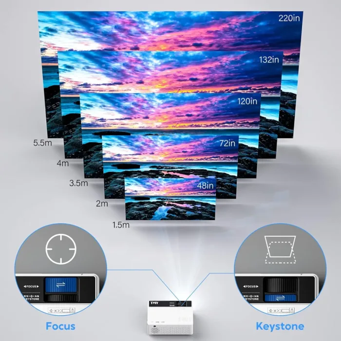 TMY Mini Projector, Upgraded Bluetooth Projector with Screen, 1080P Full HD Portable Projector, Movie Projector Compatible with TV Stick Smartphone/HDMI/USB, indoor & outdoor use - Image 8