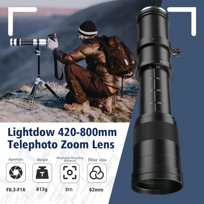 Lightdow EF 420-800mm F8.3 Telephoto Zoom Lens - Manual Focus DSLR Cameras Lens for Canon EOS Rebel T Series T8i/T7i/T7/T6/T3i/T2i/4000D/850D/SL3/SL2/6D Mark II/5D Mark IV/90D/80D/77D(Black) - Image 5